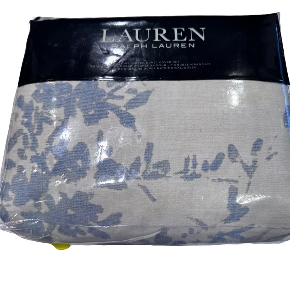 NEW! Ralph Lauren Eva Botanical Duvet Set 3 Pc. Queen Cream/Blue $420